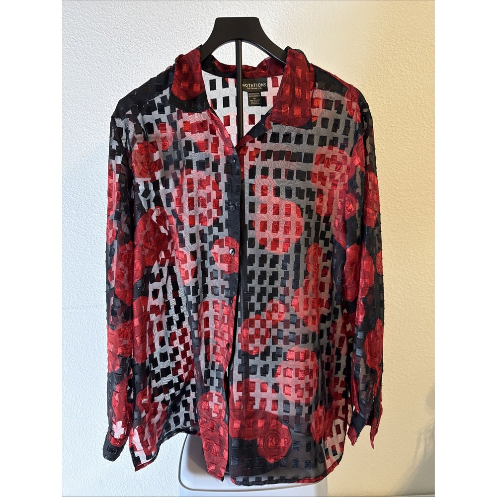 Notations Women's Red & Black Floral Button Down Shear Blouse Size XL
